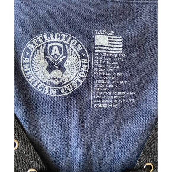 Affliction Womens American Customs Moto Foil Graphic Lace Up Top Size L Blue Y2K - Picture 11 of 15